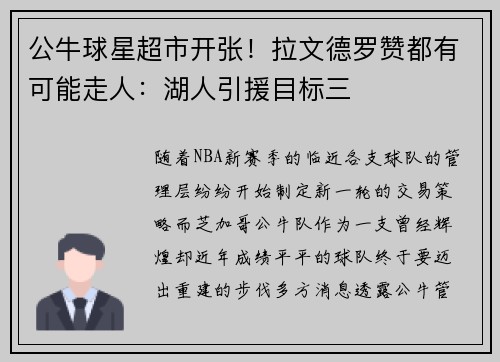 公牛球星超市开张！拉文德罗赞都有可能走人：湖人引援目标三