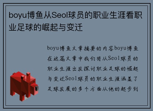 boyu博鱼从Seol球员的职业生涯看职业足球的崛起与变迁