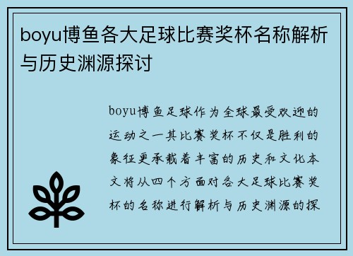 boyu博鱼各大足球比赛奖杯名称解析与历史渊源探讨